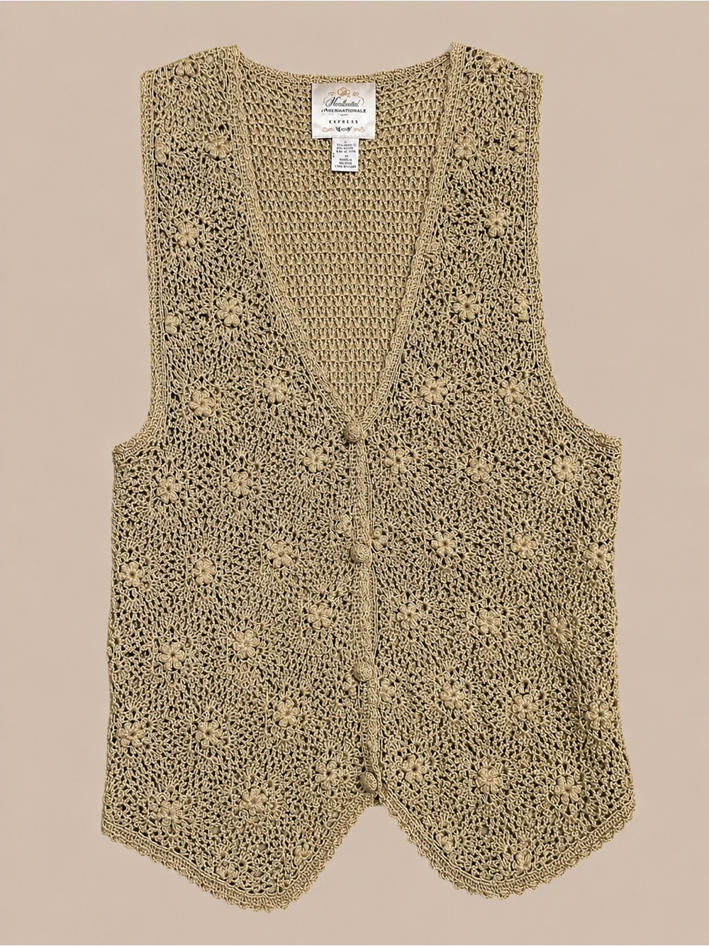 Handknitted Vintage Beige Open Knit Crochet Button Vest Small Preppy Fall